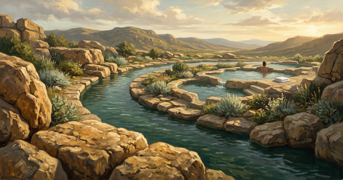 Terraced hot spring pools among ochre stone at a wellness resort, hills beyond in late afternoon light