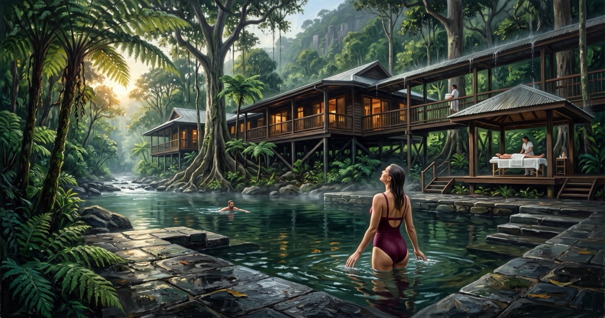 Guest bathing in a rainforest swimming hole below a timber wellness lodge in the Daintree, Queensland