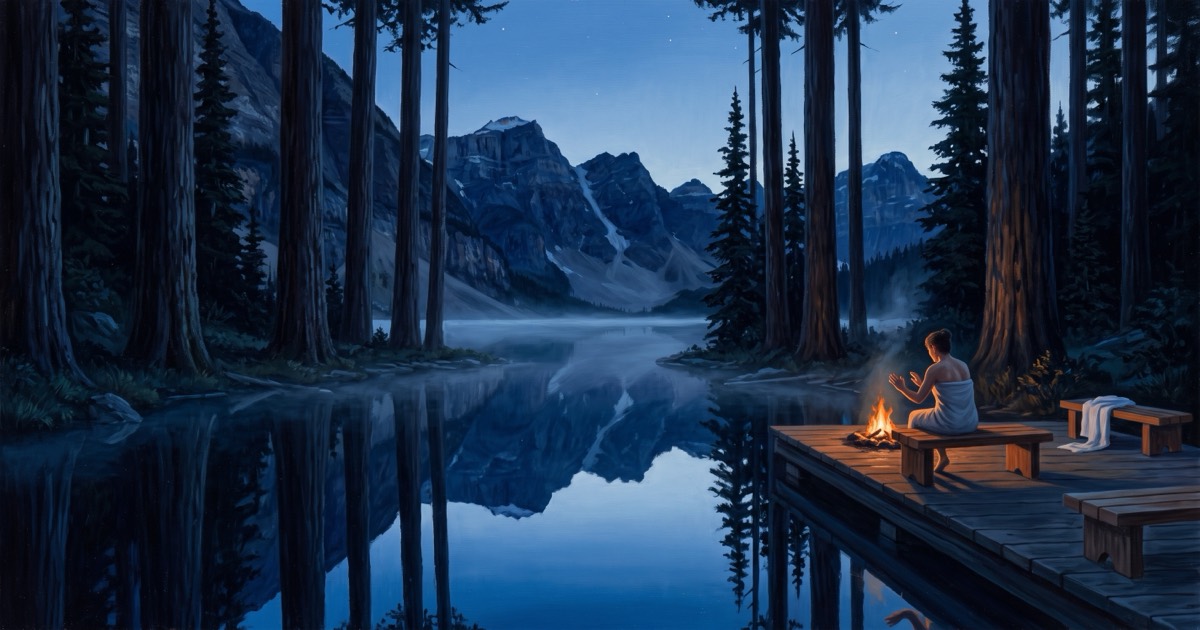 Guest by a fire on a lakeside deck at dusk, Canadian Rockies reflected in still water