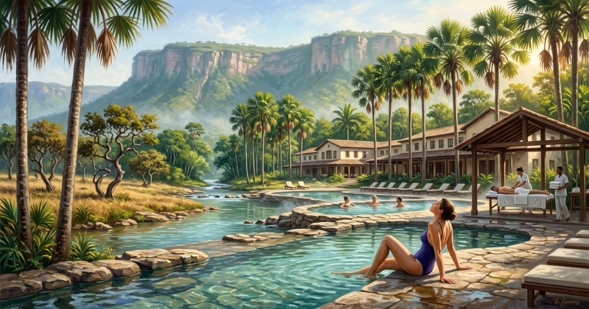 Thermal spring pools and a treatment pavilion at a cerrado wellness resort below a chapada tableland, Brazil