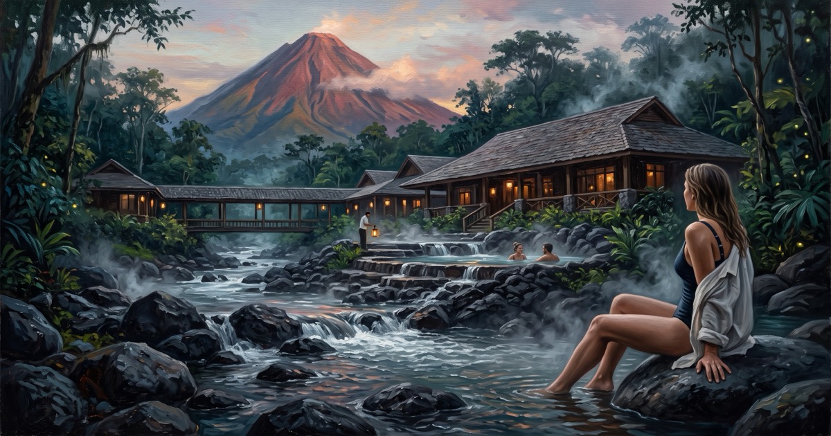 Woman resting by a hot river below Arenal volcano at a Costa Rica wellness resort at dusk
