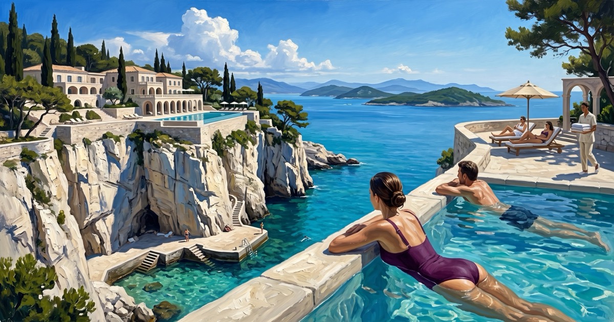 Guests in a clifftop infinity pool above the clear Adriatic at a Croatian coastal resort