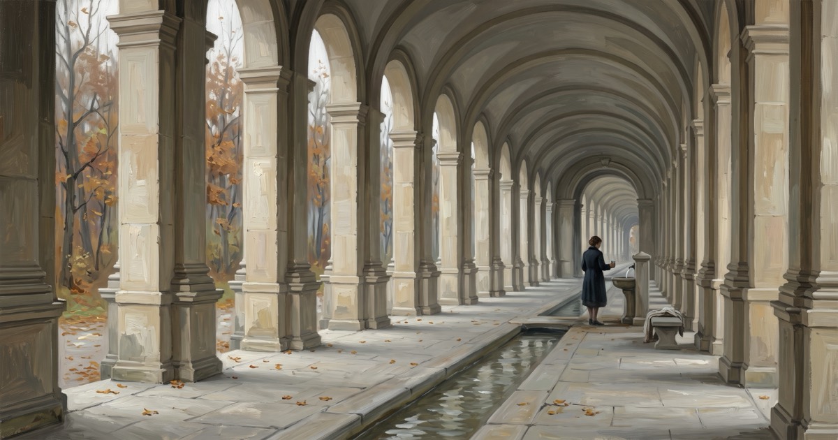 Vaulted colonnade of a Bohemian spa town in autumn, mineral spring running along the floor