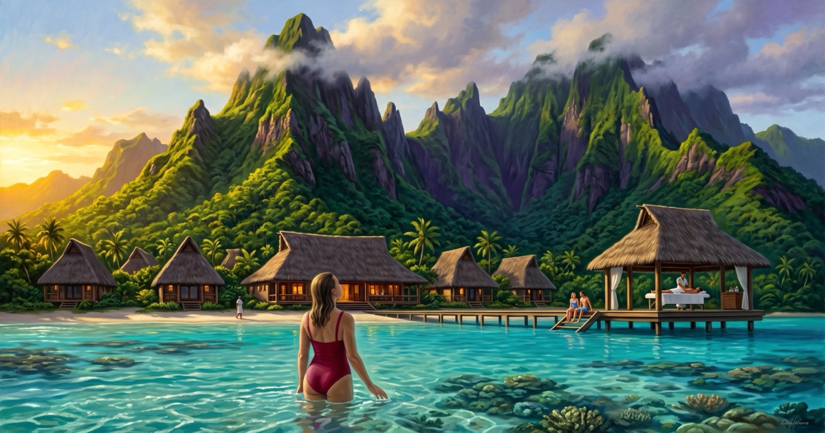 Guest in the shallows below jagged volcanic peaks at a Fijian island wellness resort, thatched bures along the shore