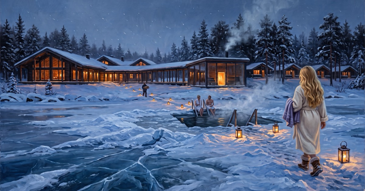 Guest in a robe crossing the frozen lake to an ice hole at a Finnish lakeside spa resort at blue hour