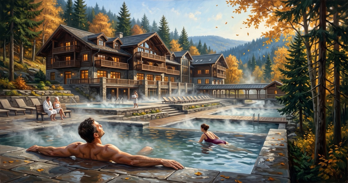 Guests in terraced thermal pools below a Black Forest spa hotel in golden autumn, Germany