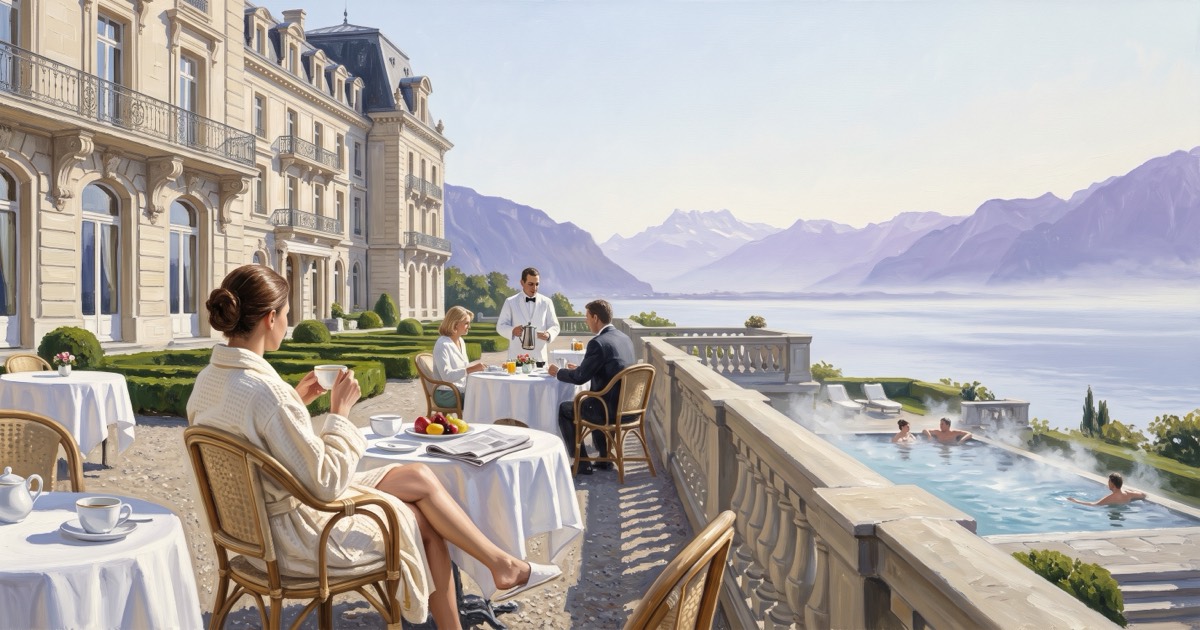 Morning tea on the terrace of a Belle Epoque thermal spa hotel above Lake Geneva, French Alps