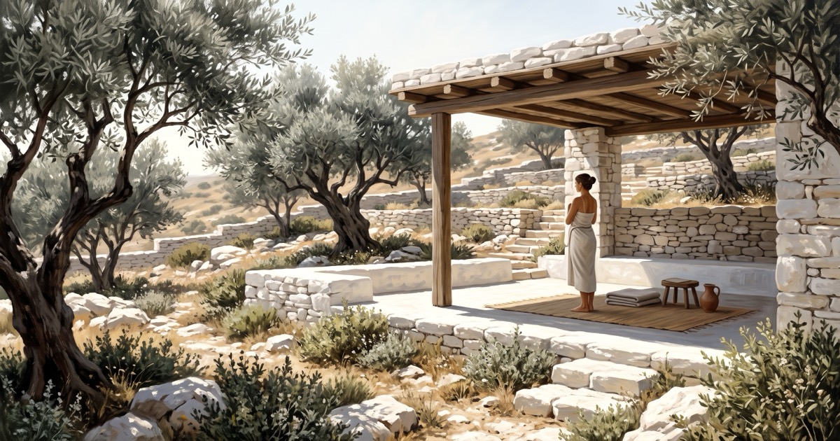 Guest wrapped in a towel in a stone pavilion among ancient olive trees at a Greek island retreat