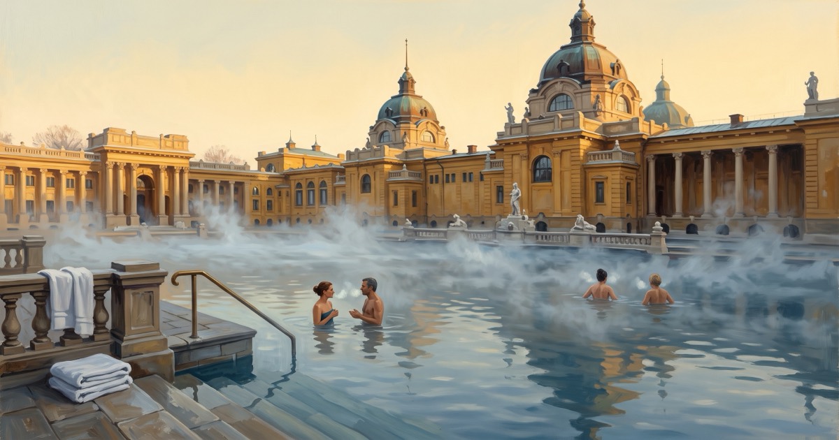 Bathers in the steaming outdoor pool of a neo-baroque thermal bath palace in Budapest at dawn