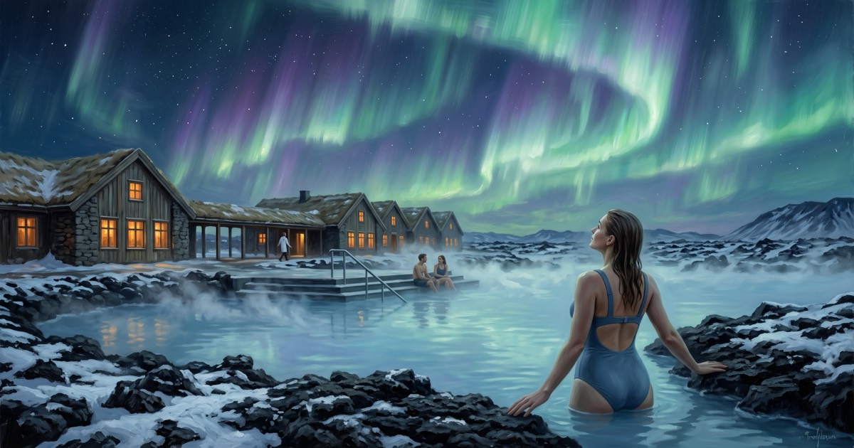 Woman in a geothermal lagoon under the aurora at an Icelandic wellness resort, turf-roofed buildings beyond