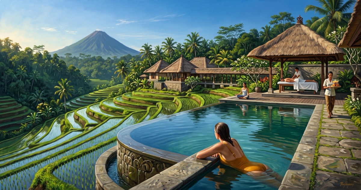 Infinity pool and spa pavilion above emerald rice terraces near Ubud, Bali, volcano beyond