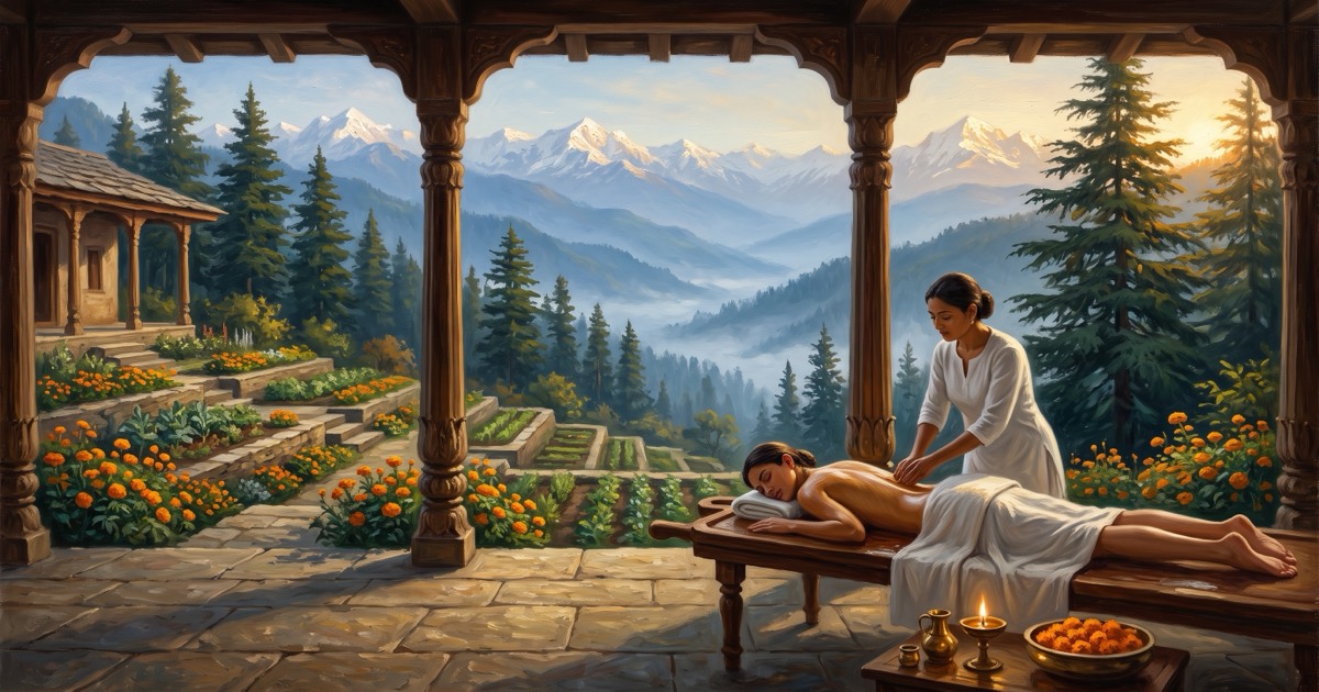 Ayurvedic oil treatment on a terrace above Himalayan foothills and marigold gardens, northern India