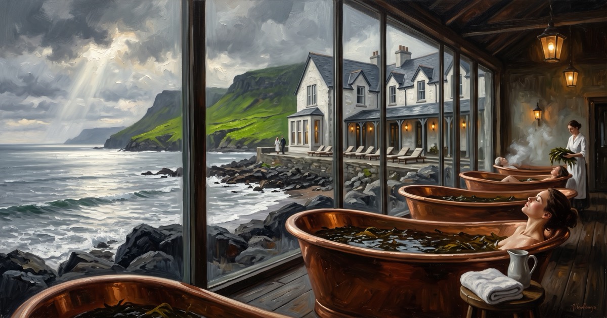 Copper seaweed baths in a glass-fronted bathing house on the Atlantic coast of Sligo, Ireland
