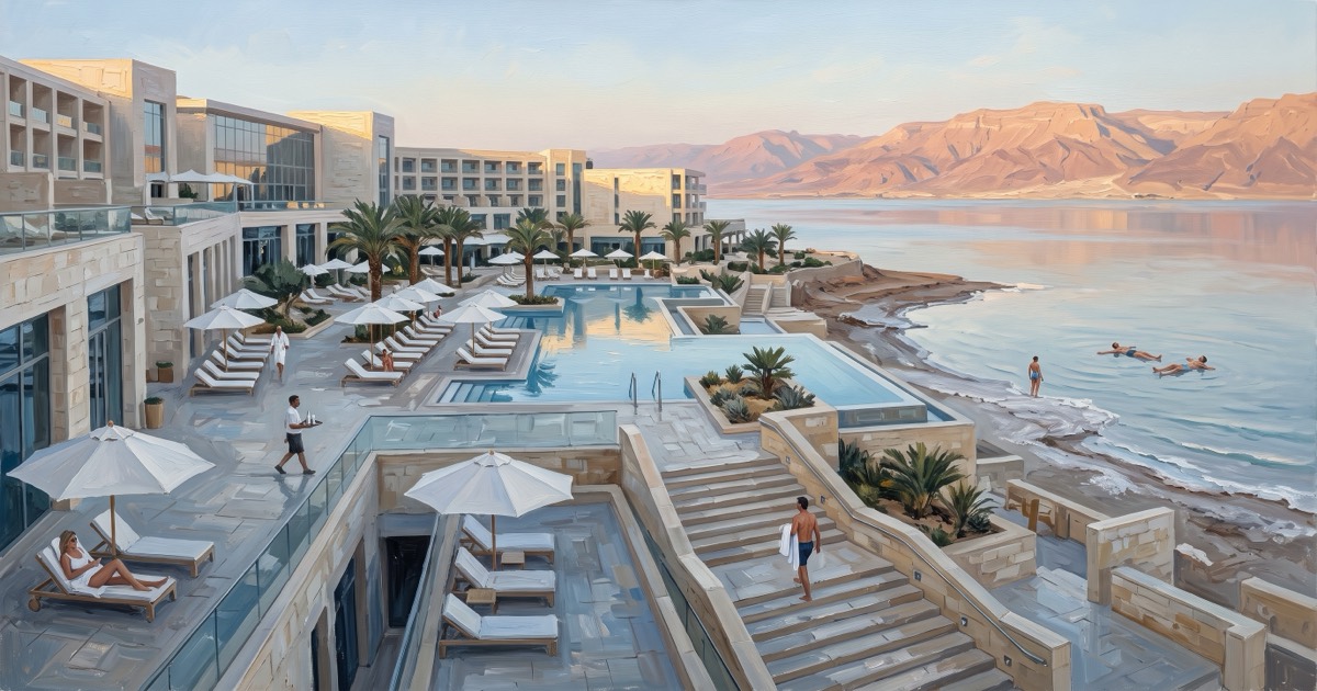 Dead Sea wellness resort at first light, terraced pools above the mineral shore, Moab mountains beyond