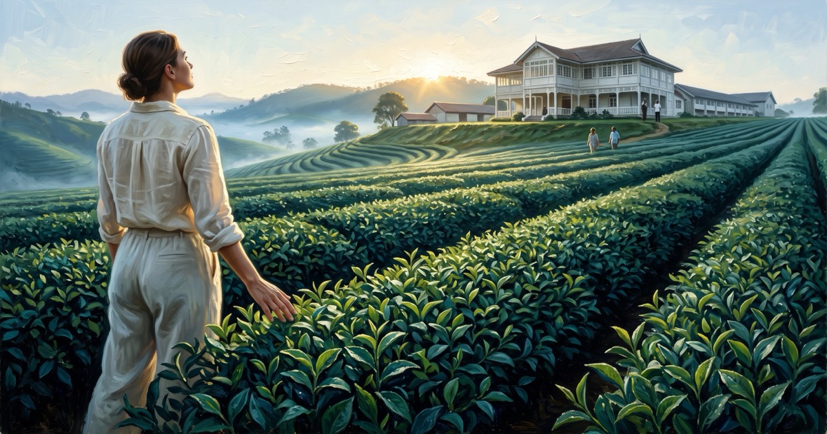 Woman among tea bushes at dawn below a highland estate retreat in the Cameron Highlands, Malaysia