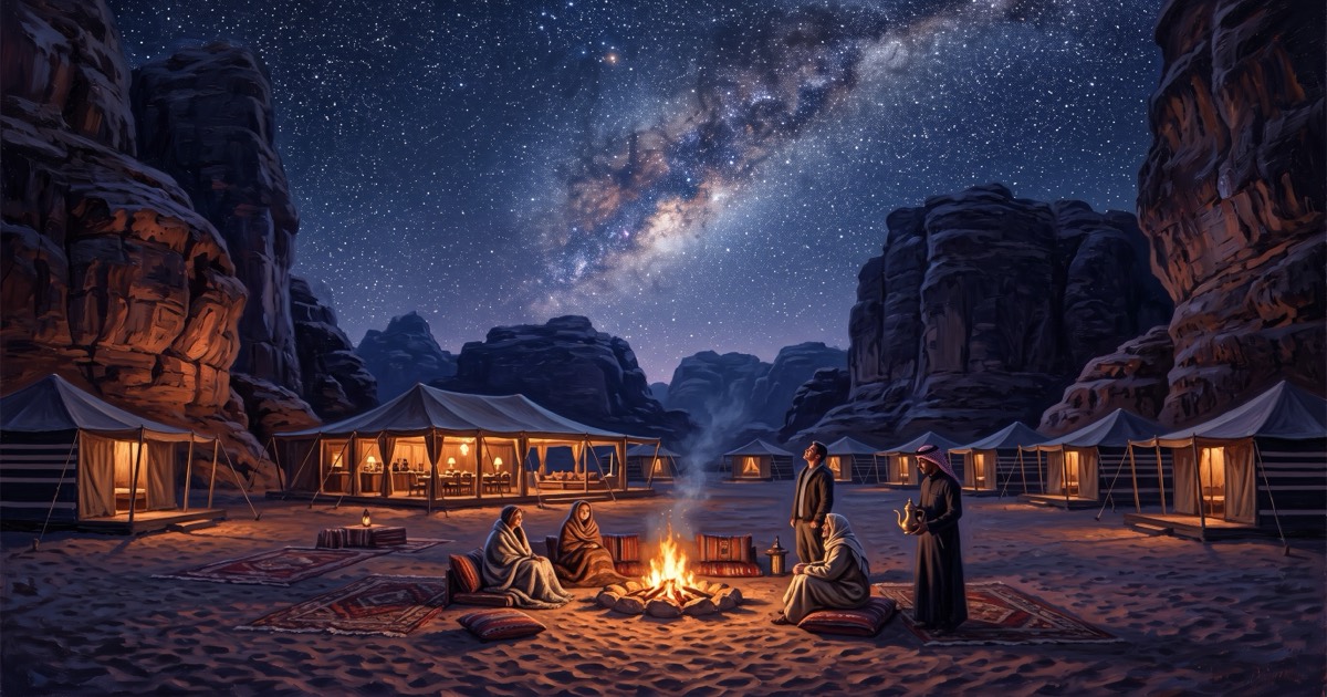 Desert camp under the Milky Way in Wadi Rum, guests around a fire between sandstone cliffs, Jordan