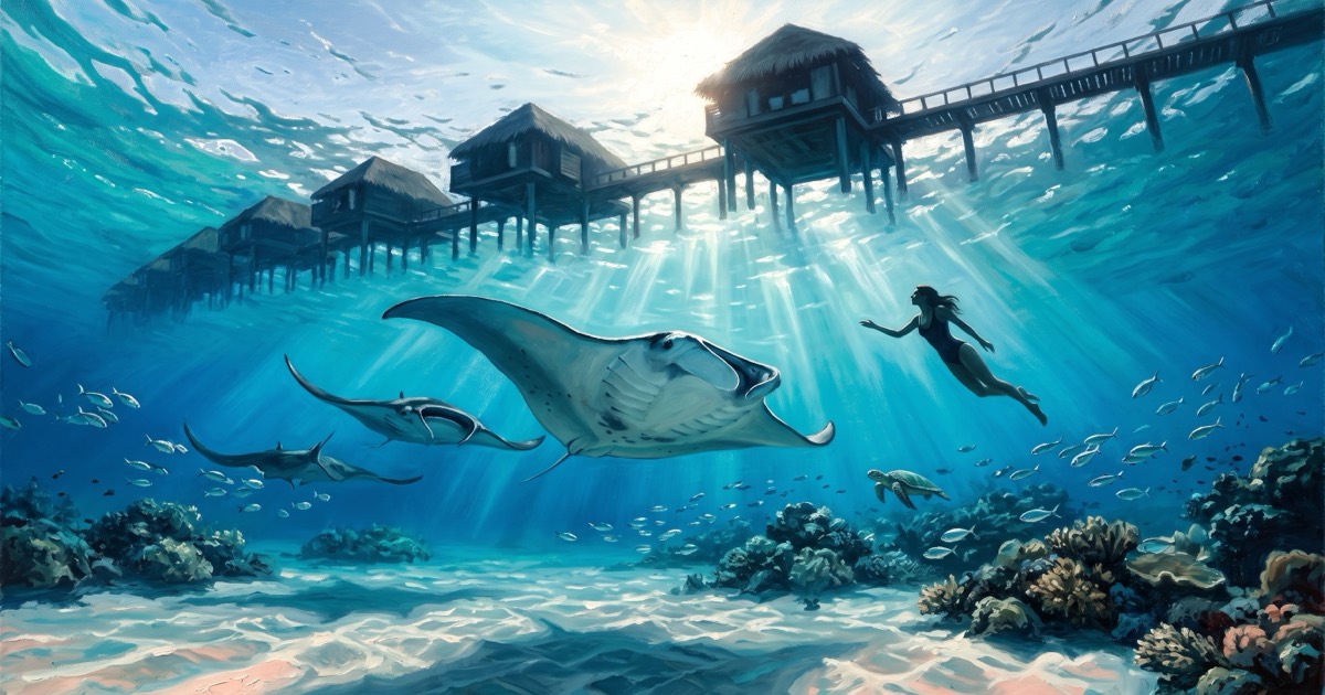 Free diver and manta rays beneath overwater villas in a Maldivian lagoon