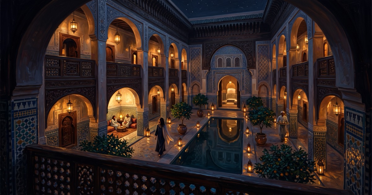 Lantern-lit riad courtyard at night with reflecting pool and zellige tilework, Marrakech, Morocco