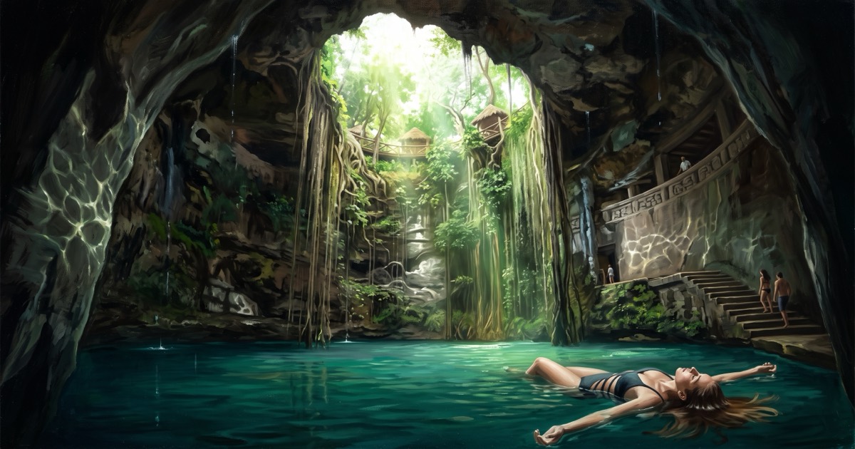 Woman floating in a cenote beneath a collapsed cavern roof at a Yucatan retreat, Mexico