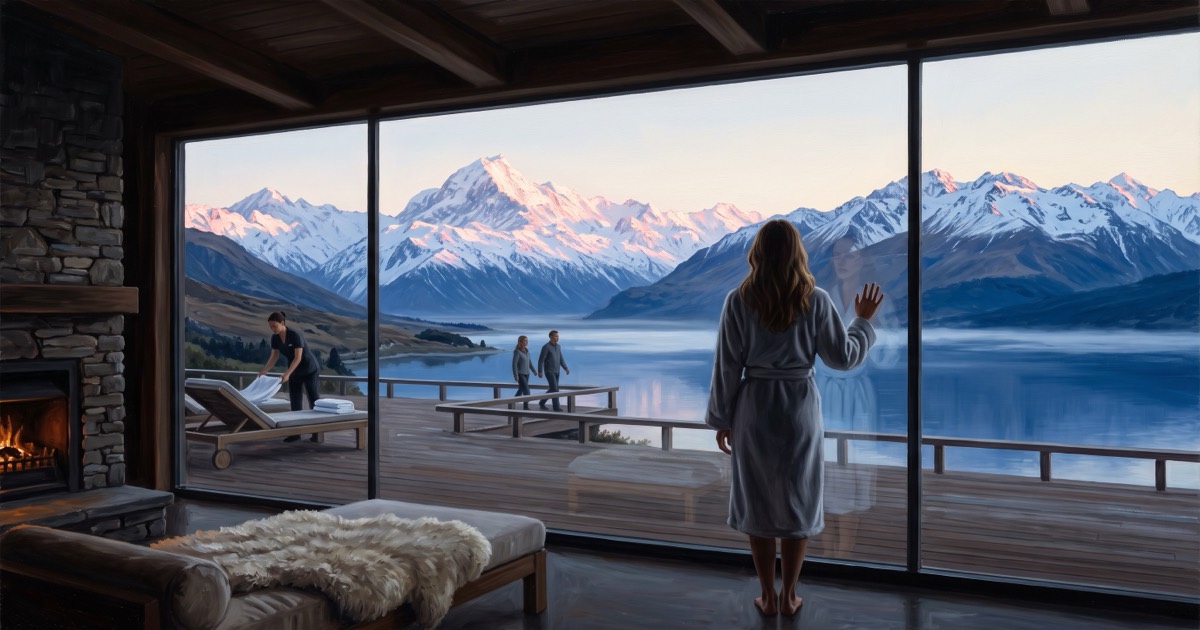 Guest at the glass wall of an alpine lodge at dawn, Southern Alps and glacial lake beyond, New Zealand
