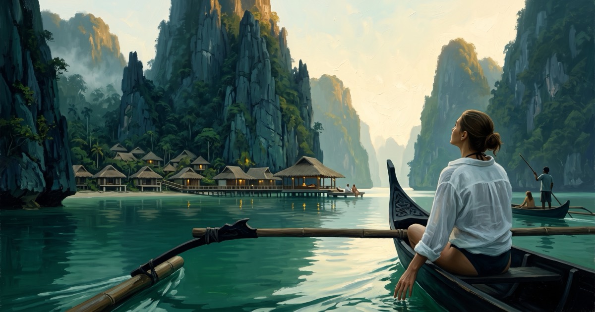Woman in an outrigger canoe among limestone karsts at dawn, resort pavilions along the shore, Palawan