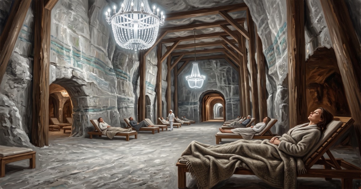 Guests resting on loungers in an underground salt chamber sanatorium lit by salt crystal chandeliers, Poland