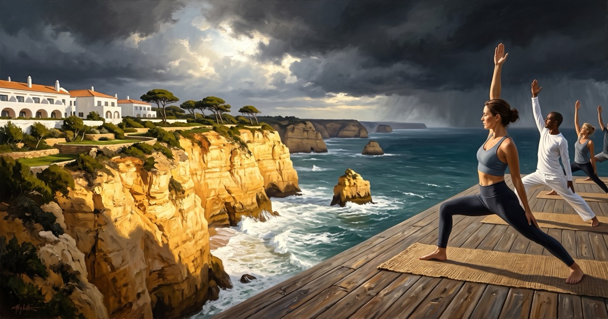 Clifftop yoga class above the Atlantic in storm light at an Algarve wellness resort, Portugal