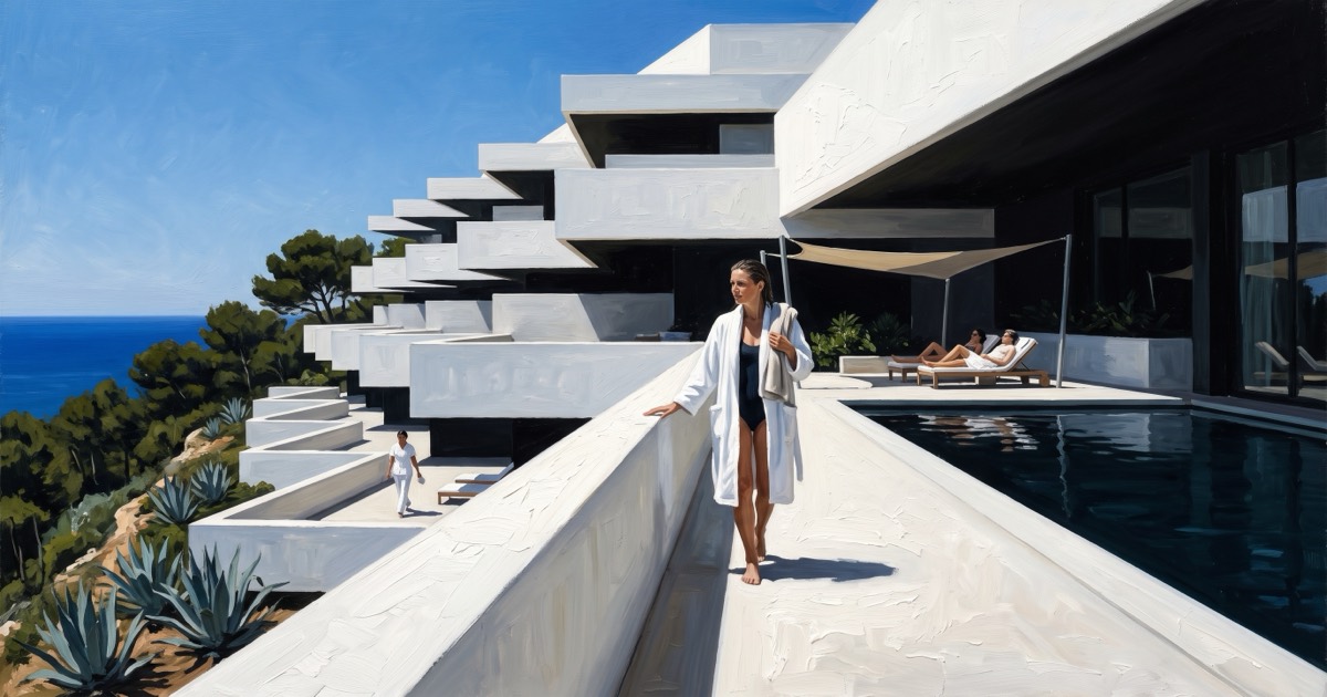 Guest in a robe walking the terrace of a modern clifftop wellness clinic above the Mediterranean, Spain