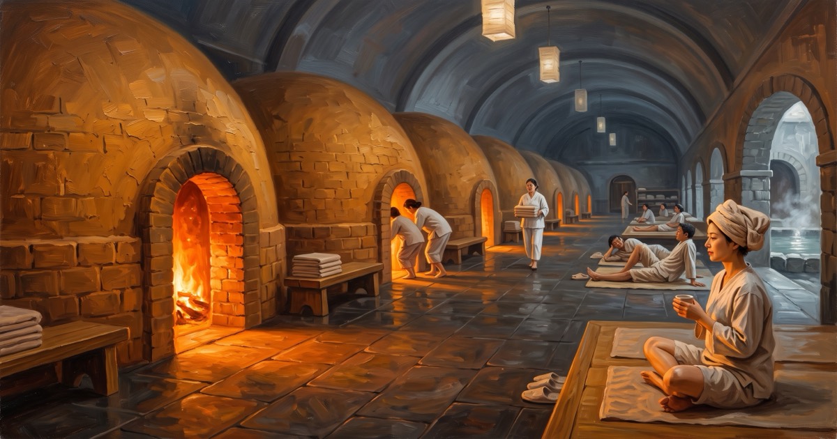 Domed clay kiln saunas and guests resting at a traditional Korean jjimjilbang bathhouse at night