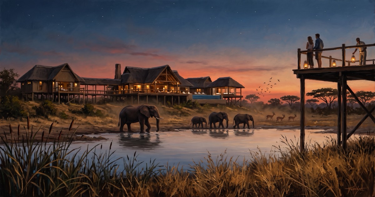 Elephants at a waterhole below a lit bush lodge at dusk, South African lowveld