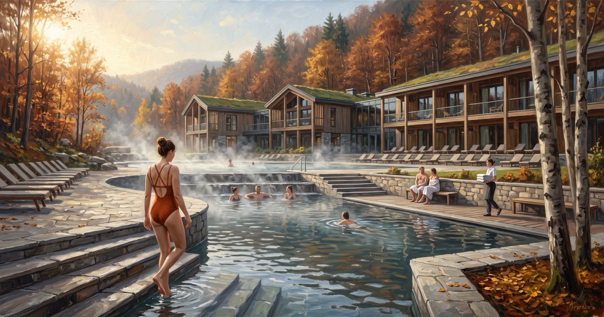 Woman stepping into a terraced thermal pool at a Slovenian spa resort in golden autumn