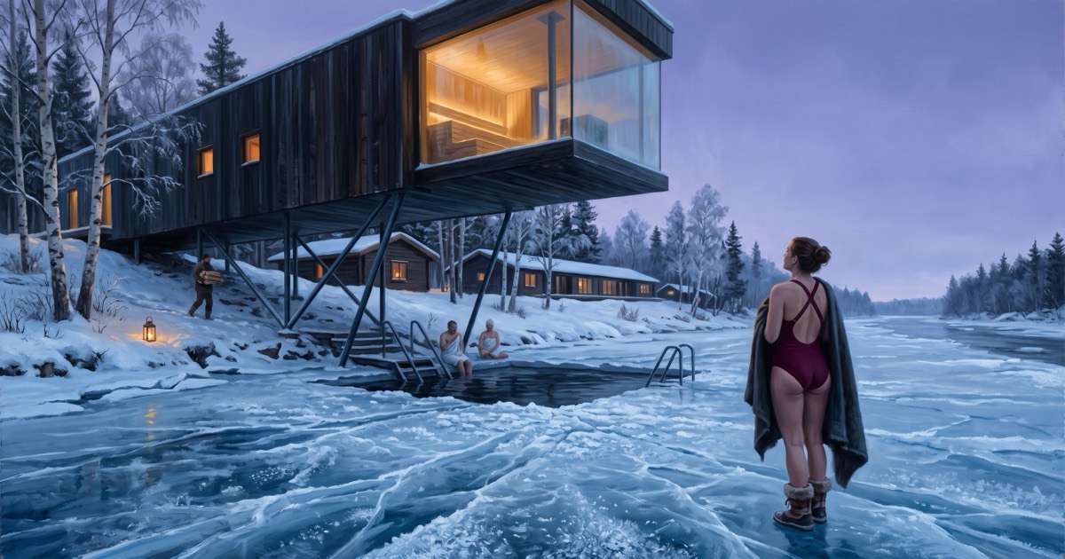 Woman on the frozen river below a cantilevered timber sauna at a Swedish Lapland spa retreat