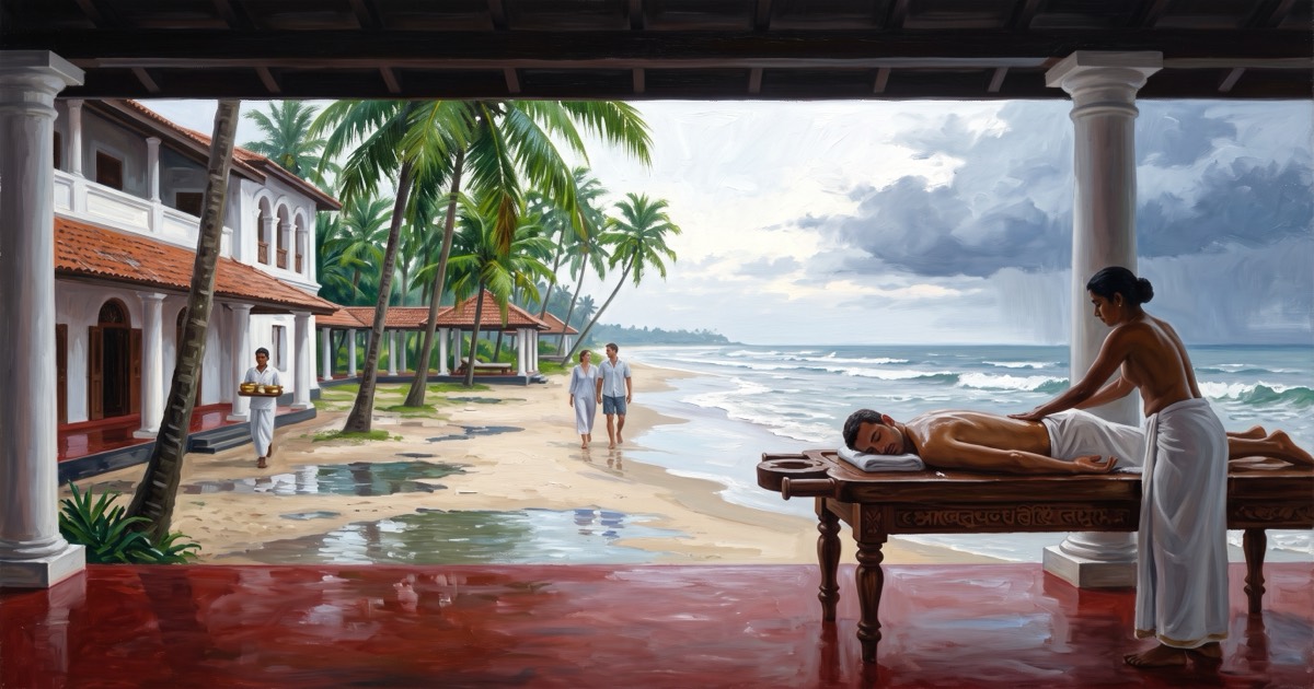 Ayurvedic treatment on a colonial verandah above the beach after monsoon rain, southern Sri Lanka
