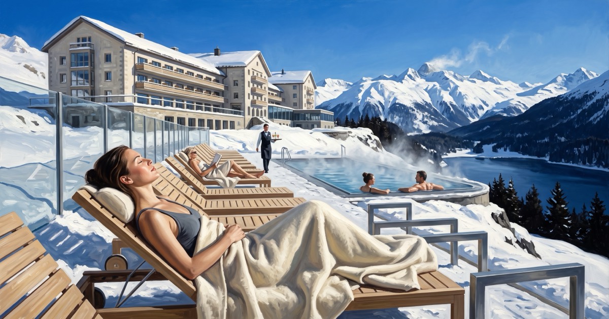 Guest resting on a sun terrace lounger above a thermal pool and snow peaks, Swiss Alps
