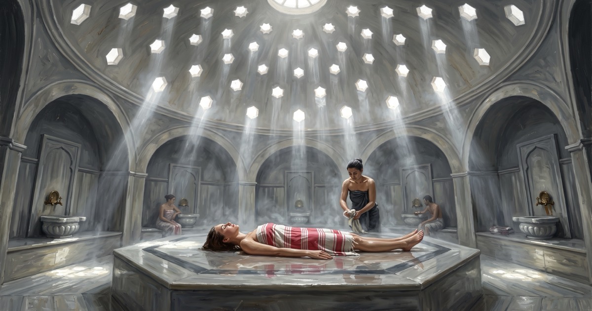 Marble hammam interior with light shafts falling through the domed roof onto the gobektasi, Turkey