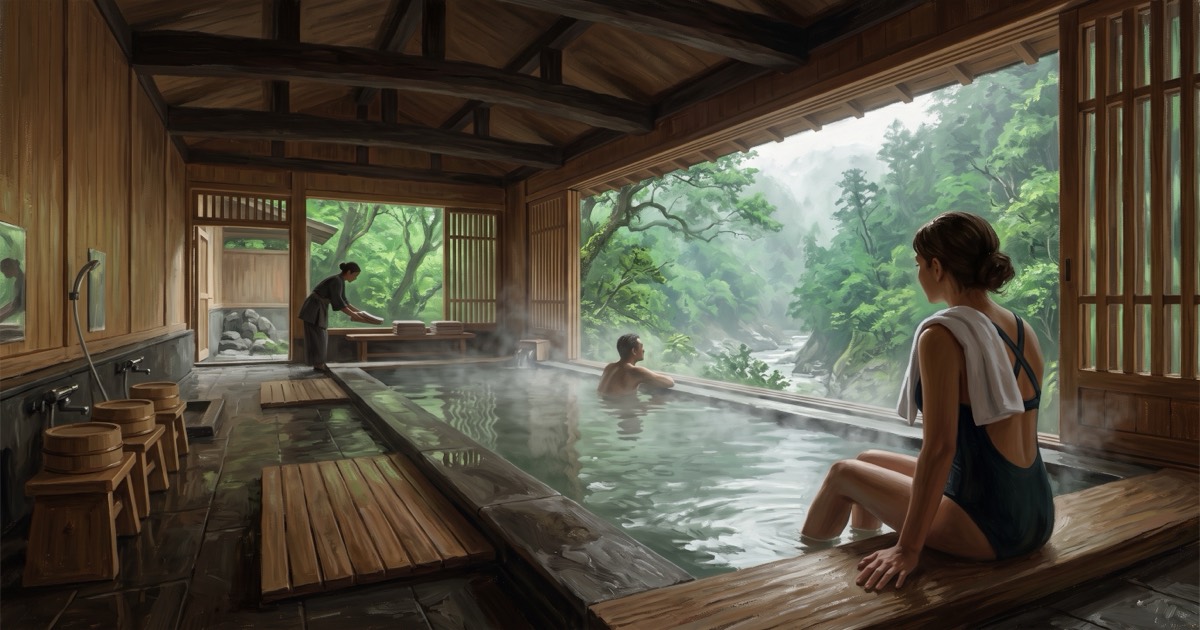 Cypress bath hall at a Guguan hot spring resort, open to the forested gorge, Taiwan