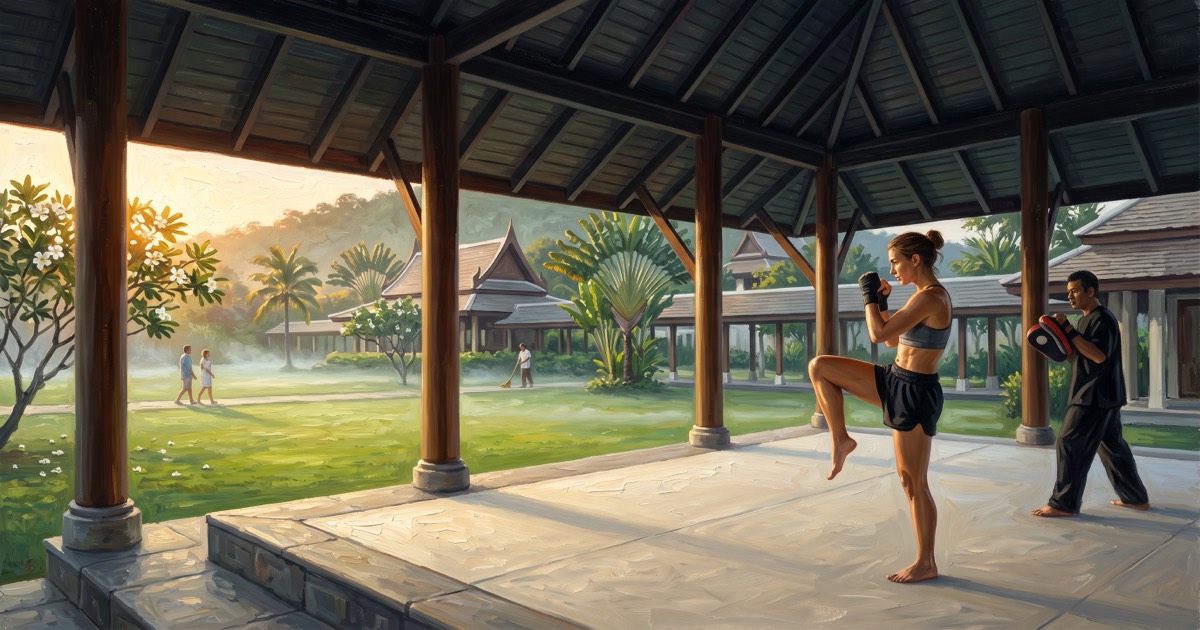 Muay Thai training at dawn in an open teak pavilion at a Thai wellness resort