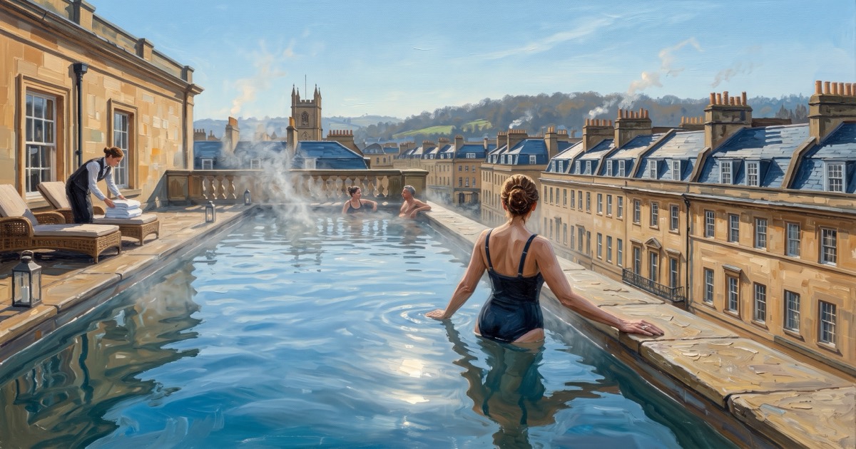 Rooftop thermal pool above the Georgian terraces of Bath at dusk, England