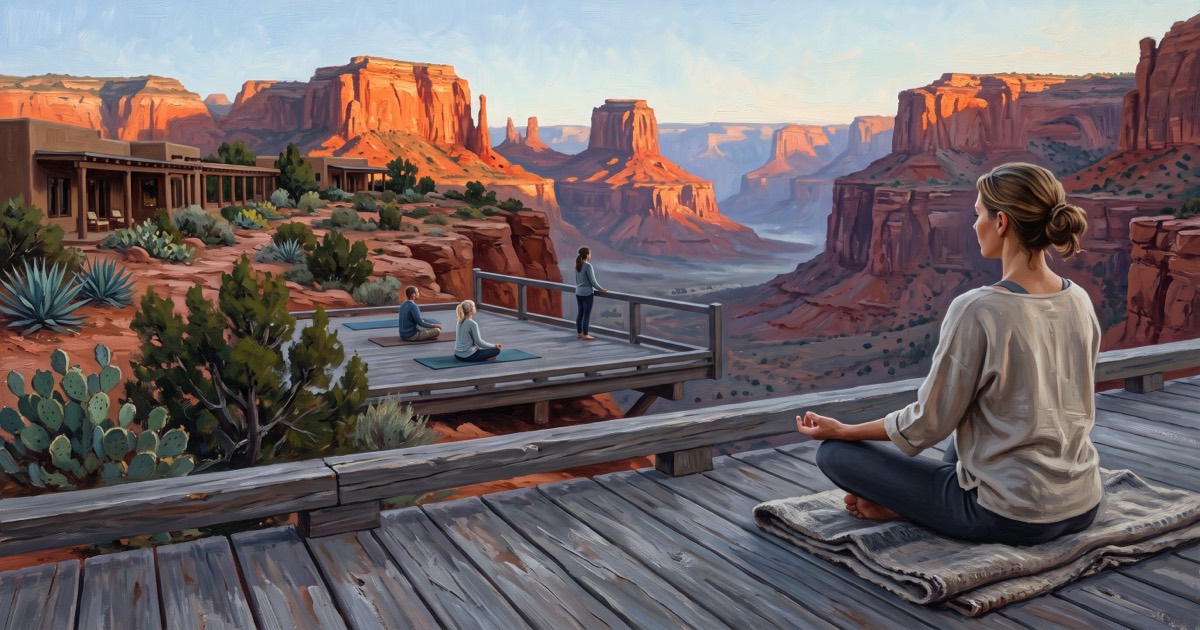 Guests meditating on a canyon-rim deck at a Sedona desert retreat at first light, Arizona