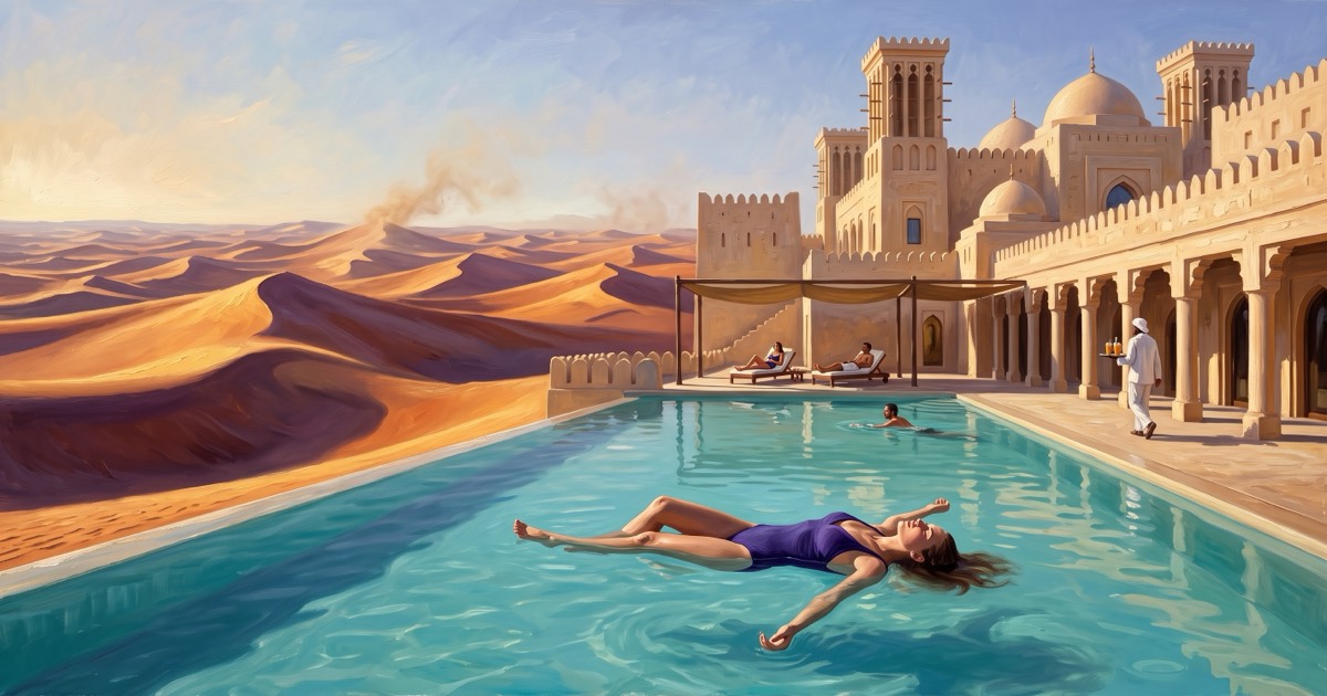 Woman floating in a desert resort pool among the dunes of the Empty Quarter, United Arab Emirates