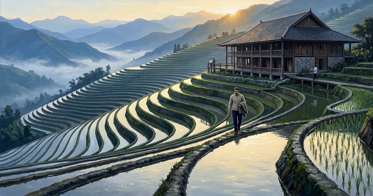 Guest walking the rice terraces below a mountain lodge at dawn near Sapa, northern Vietnam