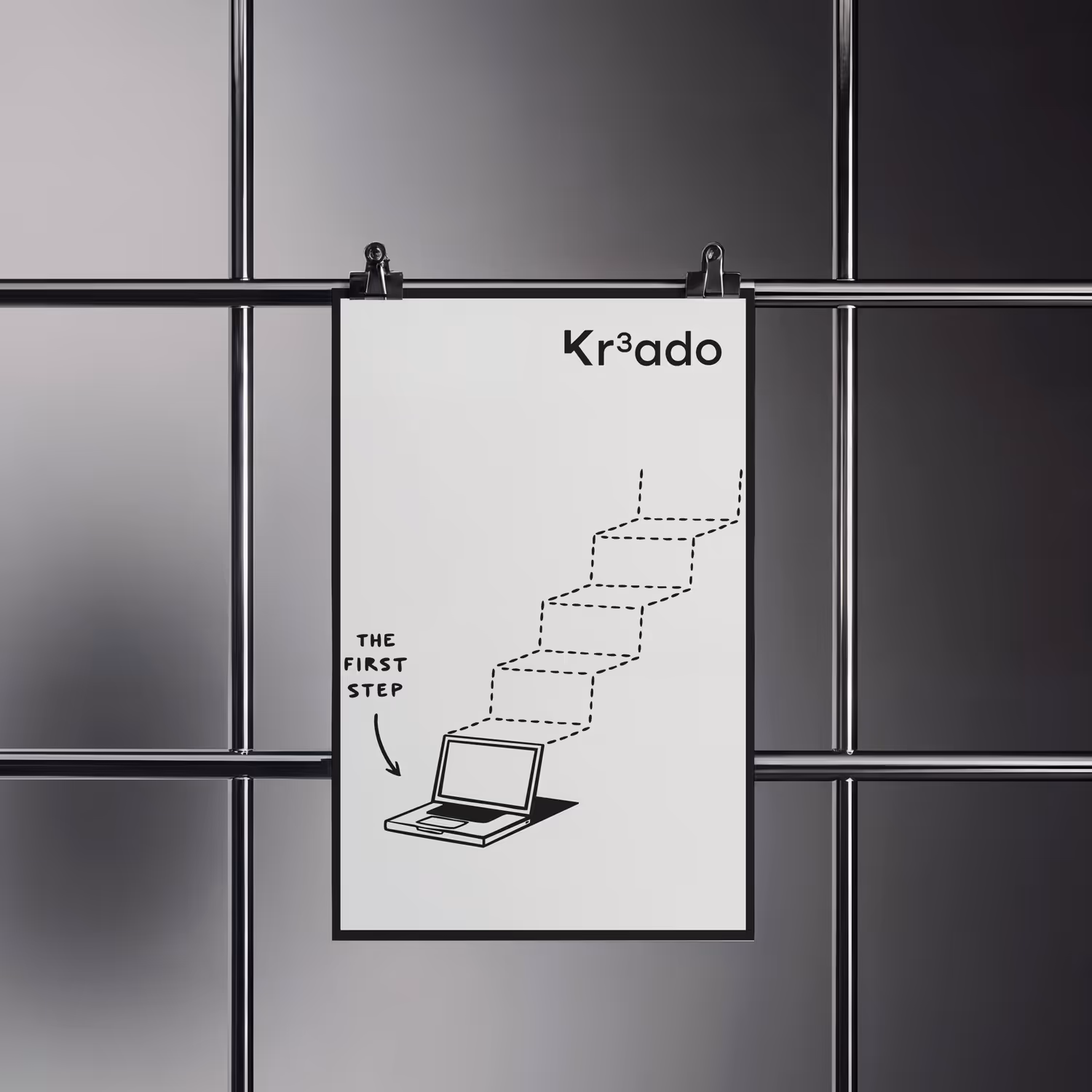 Concept poster by kr3ado – illustration of a staircase with a laptop as the first step and the phrase "The First Step"