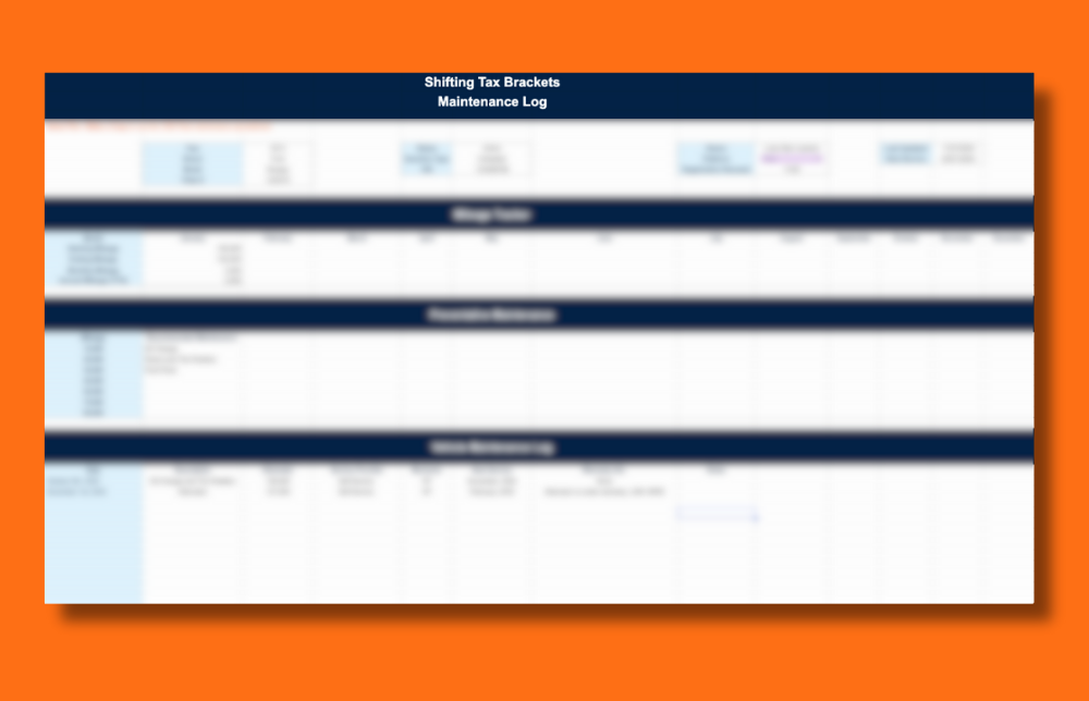 Shifting Tax Brackets Maintenance Log spreadsheet with blurred details