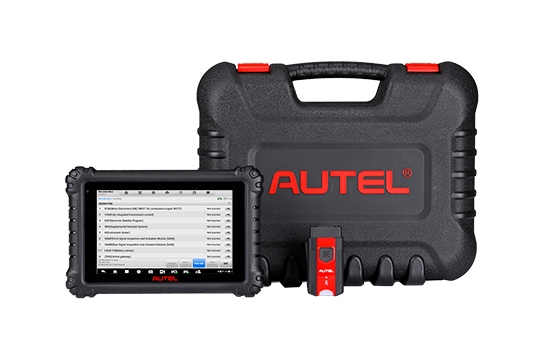 Autel diagnostic tool with tablet, carry case, and diagnostic adapter