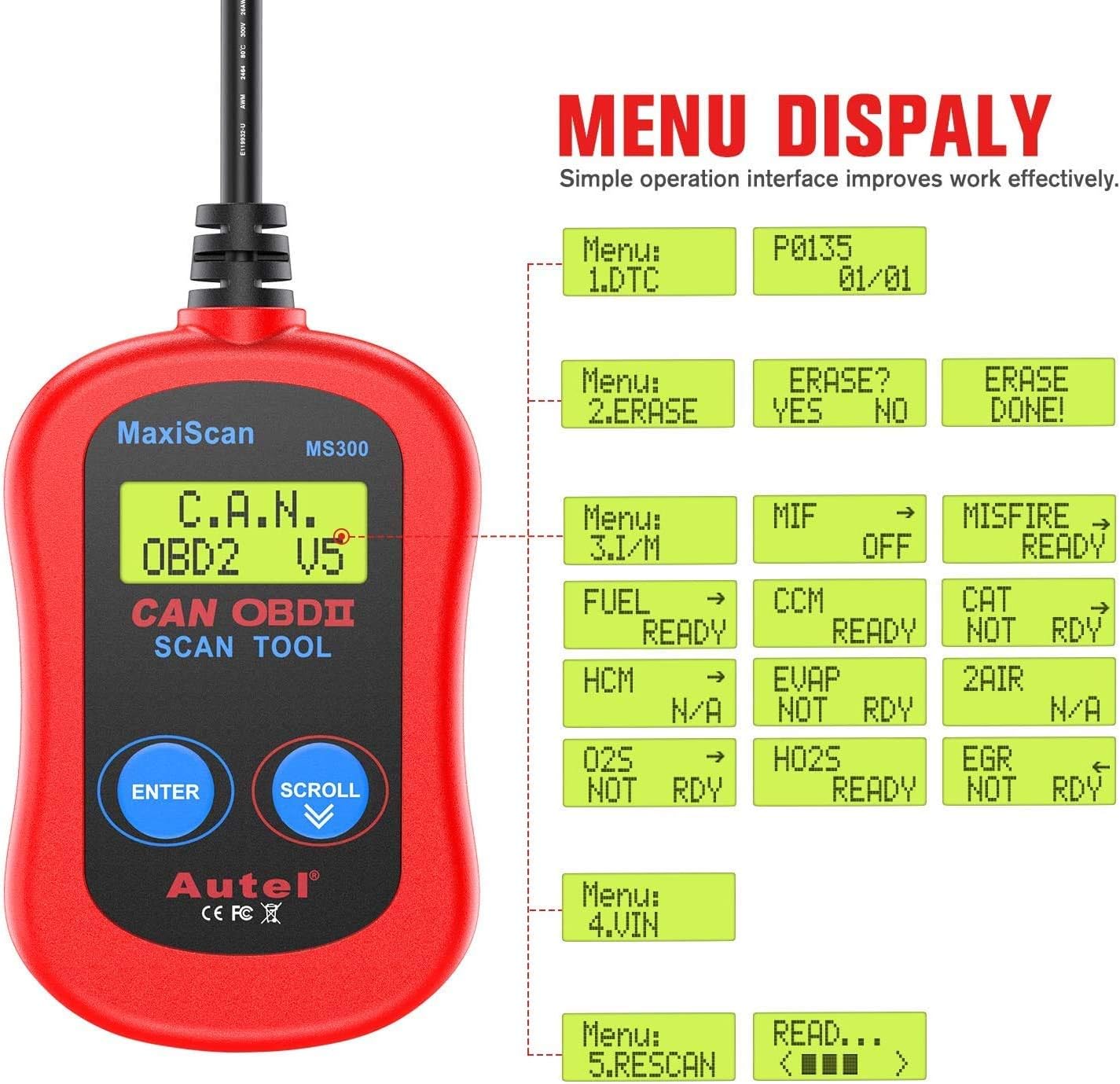 Red Autel MaxiScan MS300 OBD2 diagnostic scan tool with menu display