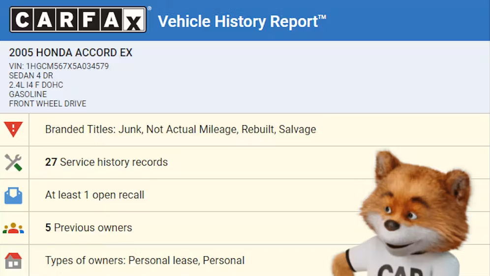 Carfax vehicle history report for 2005 Honda Accord with warning icons
