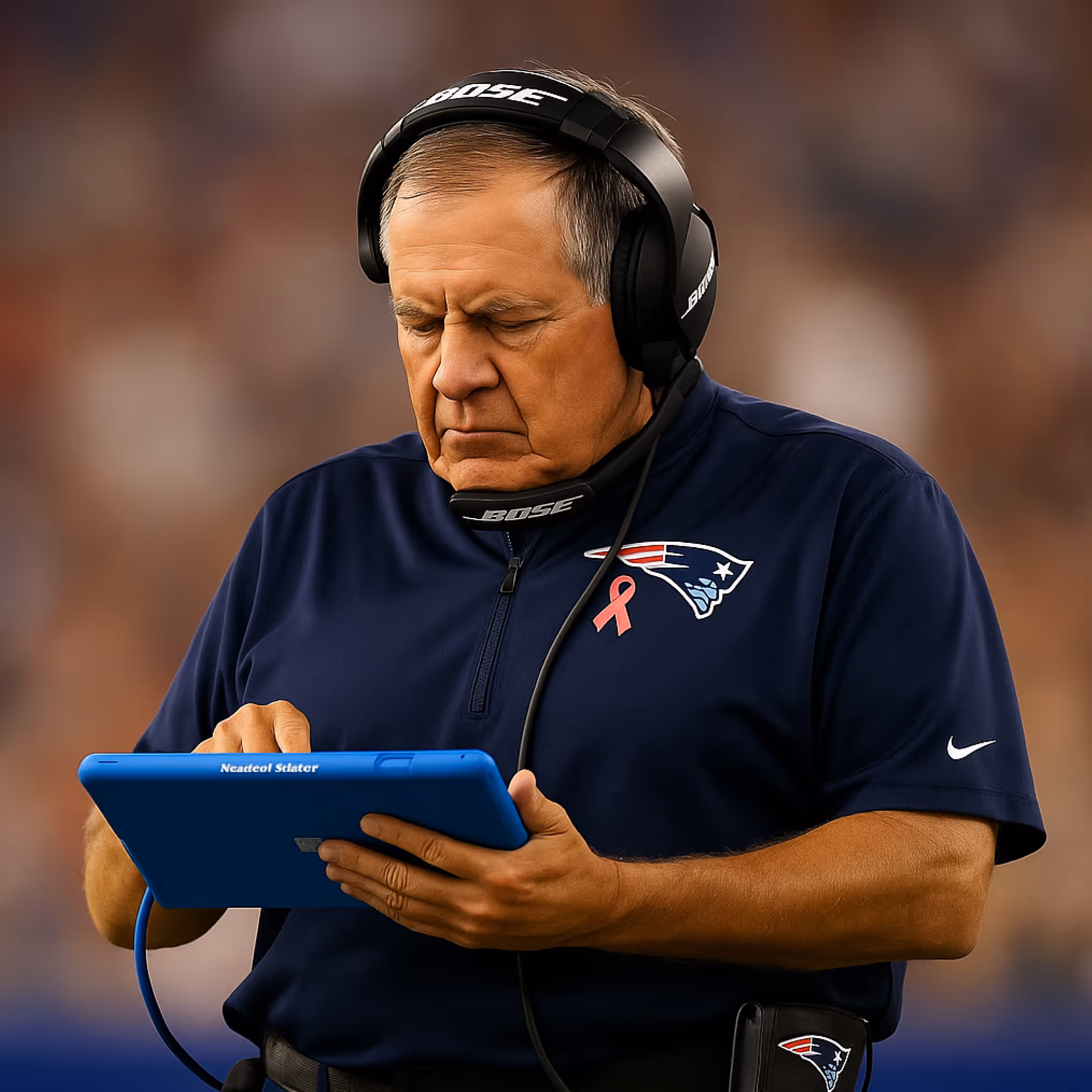 Coach reviewing football plays on a tablet powered by Verizon technology