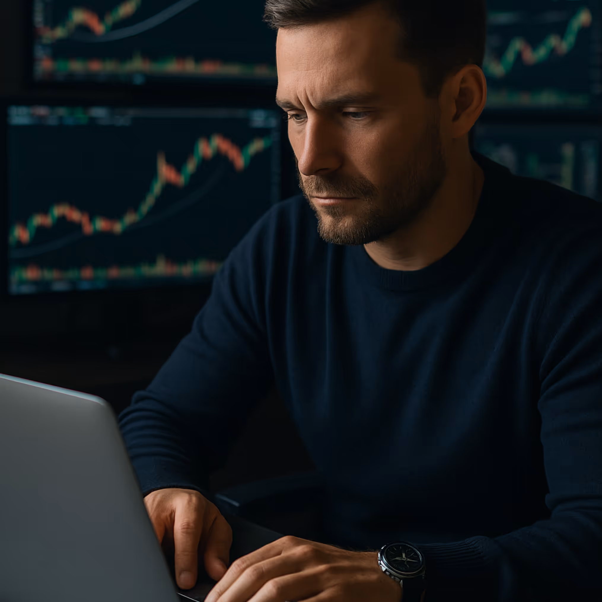 Professional focused on financial data analysis displayed on multiple monitors