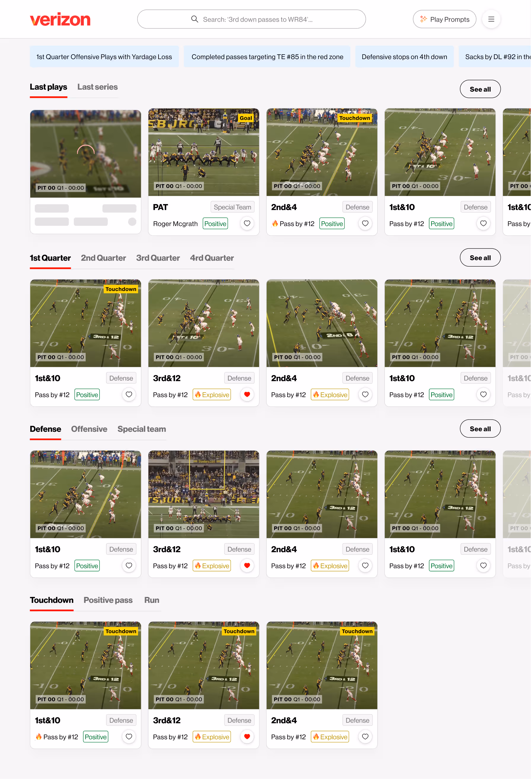 Verizon tablet mockup showing football play dashboard