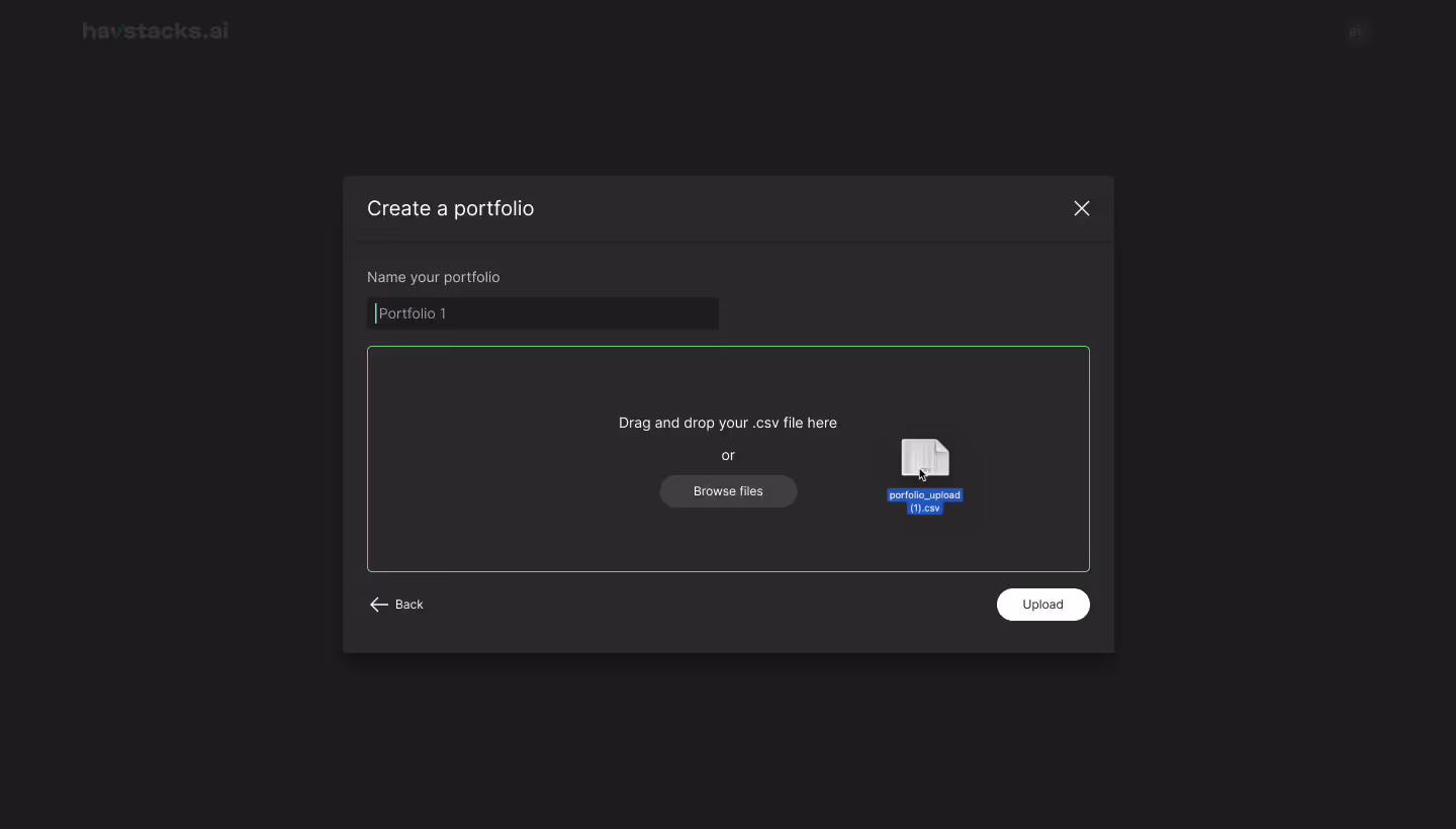 Forty5Park portfolio creation screen with drag and drop CSV upload option